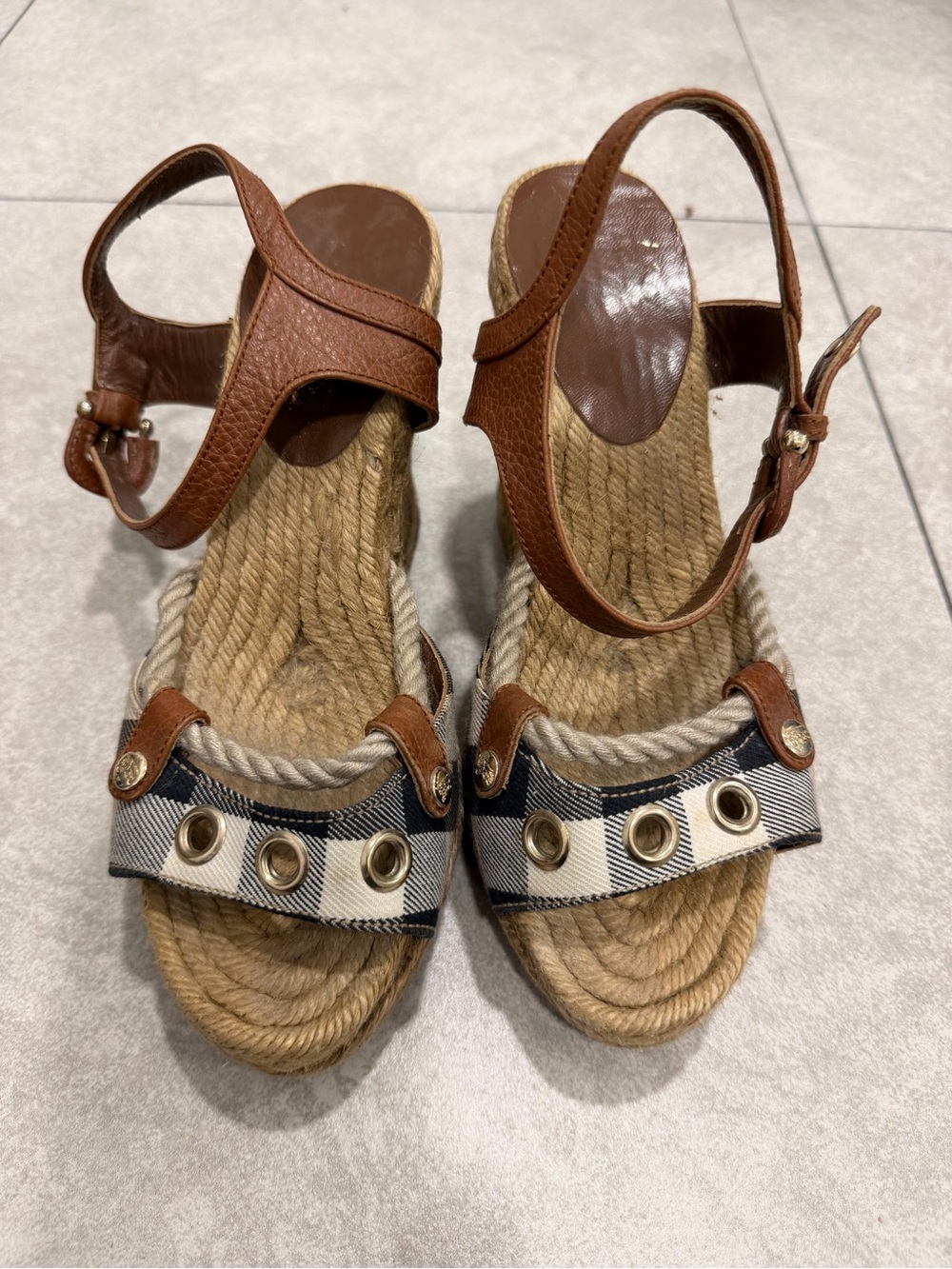 Burberry Brown Rope Espadrille Wedges with Grommet Plaid Strap